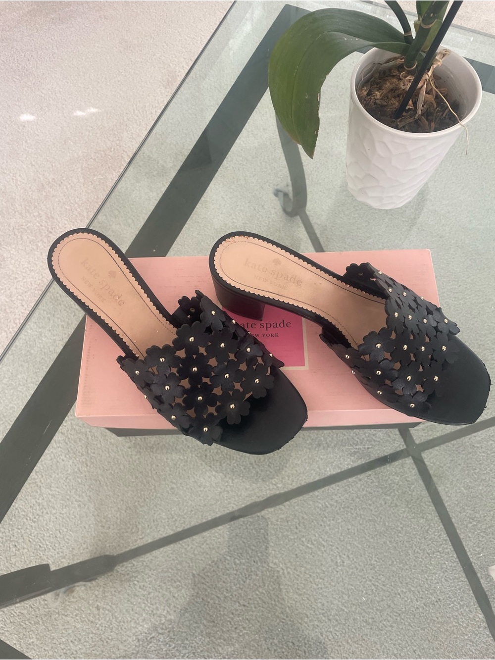kate spade Black Floral Appliqué Slide Mules